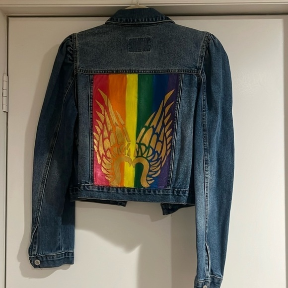Boho Denim hand painted jacket with rainbow and gold angel wings. Size small. - Picture 1 of 2